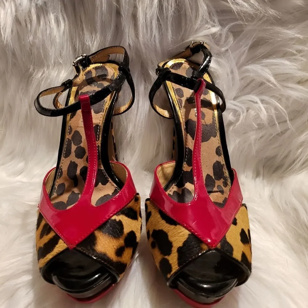 Gianni Bini Leopard Print Heels Red Patent Leather Straps Size 7.5M